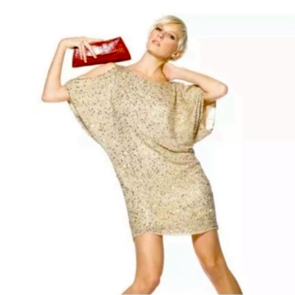 Marina Gold Sequin Flutter Sleeve Dress